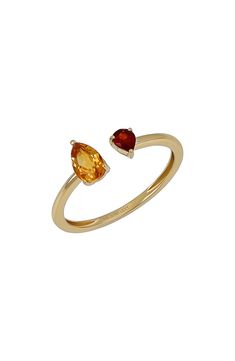 A warm citrine is perfectly paired with a fiery garnet to punctuate this handcrafted ring with blazing shine. 1/8"W x 1/8"L garnet setting; 1/8"W x 1/4"L citrine setting Total stone weight: 0.60ct. 14k gold/citrine/garnet Imported 14k Yellow Gold Ruby Ring With Gemstone Accents, 14k Yellow Gold Topaz Ring With Gemstone Accents, Yellow Gold Citrine Birthstone Ring, Yellow Gold Garnet Rings With Gemstone Accents, Multi-stone Garnet Ring In Yellow Gold, Yellow Gold Garnet Multi-stone Ring, Garnet Ring Gold, Bony Levy, Dream Engagement