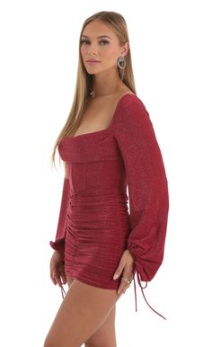 Burgundy Dress Short, Long Sleeve Corset Dress, Red Hoco Dress, Long Sleeve Burgundy Dress, Red Hoco, Dance Dress Ideas, Long Sleeve Corset, Hoco Inspo, Glittery Dress