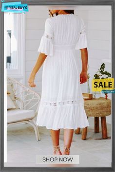 Women's Swing Dress Midi Dress - Half Sleeve Solid Colored Summer Spring & Summer V Neck Hot Beach Vacation Dresses Flare Cuff Sleeve White / Sexy White Dresses Casual White V-neck Dress For Beach, White Free Size V-neck Beach Dress, White V-neck Boho Summer Dress, Casual White V-neck Beach Dress, Beach Vacation Dresses, White Flowy V-neck Beach Dress, Vacation Dresses Beach, Hot Beach, Half Sleeve Dresses