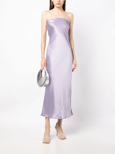 Find REFORMATION Joana Silk Midi Dress on Editorialist. lavender purple silk strapless sleeveless mid-length straight hem We've partnered with Good On You — an independent agency that rates how brands perform in relation to their impact on the planet, people and animals, with a multi-criteria rating simplified to a five points scale. In order to be awarded our conscious label, larger brands need to score a minimum of four out of five ('Good'), while smaller brands must score at least three out of five ('It's a start'). This item comes from a brand rated four out of five ('Good') by Good on You. Please note, this is a brand-level rating and does not guarantee that this product is made with conscious materials. Learn more about what makes a product Conscious on our Conscious Criteria page Midi Dresss, Sparkly Bag, Purple Midi Dress, Grey Midi Dress, Planet People, Cocktail Parties, Reformation Dresses, Dress Home, Silk Midi Dress