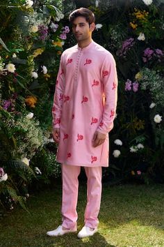 Prism pink cotton silk kurta with floral hand block print. Comes with trouser. - Aza Fashions Spring Cotton Silk Sherwani With Resham Embroidery, Pink Cotton Silk Kurta For Navratri, Designer Pink Kurta For Spring, Designer Spring Pink Kurta, Pink Bollywood Sherwani With Floral Embroidery, Spring Designer Pink Kurta, Spring Wedding Cotton Sherwani, Traditional Pink Cotton Silk Kurta, Bollywood Style Cotton Sherwani For Spring