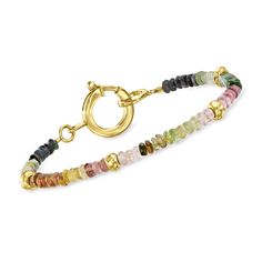 Ross-Simons - 20.00ct t. w. Multicolored Tourmaline Bead Bracelet, 18kt Yellow Gold Over Sterling. 8". Put some stylish color into that stack! Our richly hued bracelet features 20.00 ct. t. w. rondelle faceted multicolored tourmaline beads stationed with glossy 18kt yellow gold over sterling silver spacers. Springring clasp, multicolored tourmaline bead bracelet. Tourmaline Bracelet, Tourmaline Jewelry, Tourmaline Beads, Jewelry Essentials, Sterling Jewelry, Fine Jewelry Bracelets, October Birth Stone, Bead Bracelet, Womens Jewelry Bracelets