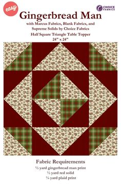 the gingerbread man quilt pattern is shown in red, green and white plaid fabric