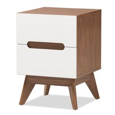 a white and brown nightstand with two drawers on each side, one drawer has an open door