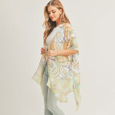 Size : 35" X 36" Material : 100% Polyester Green Summer Cover-up With Kimono Sleeves, Green Kimono Sleeve Summer Cover-up, Summer Printed Cover-up With Kimono Sleeves, Green Printed V-neck Kimono, Tropical Multicolor Kimono Sleeves Cover-up, Green Flowers, Leaf Prints, Cover Up, Green