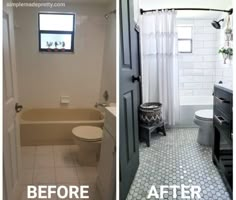 before and after photos of a bathroom remodel with tile flooring, tub, shower curtain, and toilet