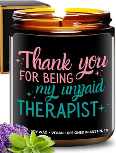 thank you for being my unsaid therapist jar candle with purple flowers