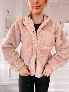 Felice Blush Pink Jacket | Sassy Shortcake | sassyshortcake.com Pink Fuzzy Jacket, Sassy Shortcake, Valentine's Gifts, Women Ties, Pink Jacket, Light Jacket, Red Plaid, Sweater Weather, Snap Button