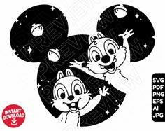 mickey and minnie mouse silhouettes with stars on the background, in black and white