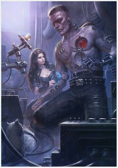 a man standing next to a woman in a sci - fi environment with machinery and mechanical gadgets