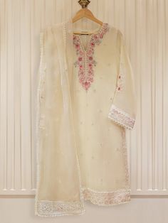 "Two piece pure cotton net embroidered and handwork shirt with dupatta length: \"41\" dupatta fabric: organza" Semi-stitched Organza Churidar With Dabka Work, White Mulmul Salwar Kameez With Sheer Dupatta, Semi-stitched White Unstitched Suit With Naqshi, Traditional Organza Churidar With Chikankari Embroidery, Traditional Churidar With Sheer Dupatta In Mulmul, Anarkali Unstitched Long Sleeve Organza Suit, Cream Chanderi Sharara With Dabka Work, Semi-stitched White Sharara With Naqshi Details, Unstitched Cream Anarkali Salwar Kameez