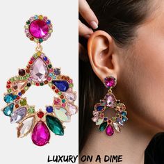 Elegant Multicolor Crystal Earrings, Elegant Multicolor Dangle Crystal Earrings, Elegant Multicolor Crystal Earrings For Evening, Elegant Multicolor Jeweled Crystal Earrings, Glamorous Multicolor Jeweled Crystal Earrings, Elegant Multicolor Jeweled Chandelier Earrings, Stone Dangle Earrings, Pierced Ears, Staple Pieces