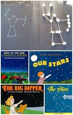 four books about the stars and constellations are shown in this collage with text that reads