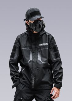 men's futuristic jacket Black Punk Outerwear For Outdoor, Cyberpunk Outerwear With Detachable Hood For Streetwear, Techwear Long Sleeve Outerwear For Cosplay, Long Sleeve Techwear Outerwear For Cosplay, Black Cyberpunk Outerwear With Detachable Hood, Long Sleeve Techwear For Cosplay, Black Techwear Outerwear For Cosplay, Winter Techwear Outerwear For Cosplay, Black Hooded Cyberpunk Outerwear