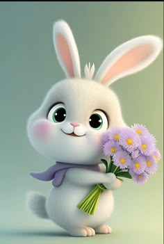 a cartoon bunny holding some flowers