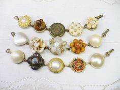 These gorgeous bracelets are fashioned from 'repurposed' vintage earrings. The earrings range from crystal clear rhinestones, faux pearls, ivory, crystals, Aurora Borealis, varying colors per set - gold accents, silver accents -- all on silver tone and gold tone . Great bracelet for that special occasion, bride or bridesmaid. Wedding APPEAL! AMAZING sparkle for the BRIDE or bridesmaid! They sit on a bracelet that is aprox. 7.25 inches long and is matte silver tone - nickel free and oxidized. I u Vintage Beaded Wedding Bracelets, Retro Adjustable Bracelets For Wedding, White Vintage Jewelry For Vintage Events, White Vintage Jewelry, Vintage Metal Jewelry With Round Beads, Retro Round Jewelry For Weddings, Retro Jewelry For Weddings, Handmade Vintage Wedding Bracelets, Vintage Handmade Wedding Bracelets