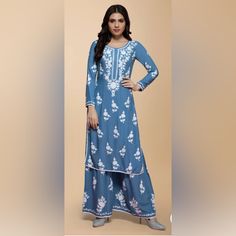 Cotton, Embroidered Flowers,Lace 3 Fitted Light Blue Salwar Kameez With Long Sleeves, Blue Chikankari Embroidery Sets For Festive Occasion, Blue Chikankari Embroidery Salwar Kameez, Festive Blue Sets With Chikankari Embroidery, Festive Blue Palazzo Set With Chikankari Embroidery, Blue Festive Sets With Chikankari Embroidery, Bollywood Style Blue Chikankari Embroidered Palazzo Set, Blue Bollywood Palazzo Set With Chikankari Embroidery, Blue Long Sleeve Traditional Wear In Georgette