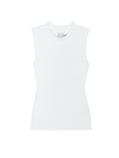 The sleeveless mock neck you covet, now in responsible Organic Rib. Chic, with an edge. Just like its namesake. (This one comes in White.) | Women's Joan Tank Top in White | Ethical Essentials Sleeveless Mock Neck, Mock Neck, No Response, Organic Cotton, Tank Top, Tank Tops, White