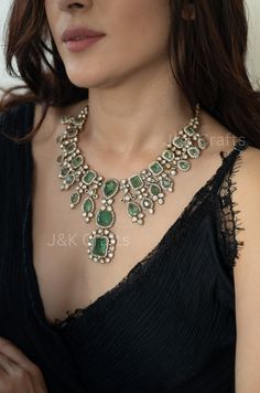 Step into the elegance of the Victorian era with our captivating Gaia necklace set. Inspired by the grandeur of the period, this set features exquisite green doublet stones that evoke the lushness of emerald gardens, delicately framed by shimmering polki stones reminiscent of the era's intricate craftsmanship. This set is a stunning statement of refined luxury, perfect for adding a touch of vintage glamour to any ensemble.  Necklace Closure - Lobster, 114gm Earrings Closure - Push Back, 35gm (pa Green Kundan Gemstone Necklace For Party, Green Jeweled Kundan Necklace, Silver Kundan Necklace With Hand-set Emeralds, Green Multi-stone Fine Jewelry Necklaces, Green Gemstone Bollywood Necklace, Polki Necklace Set, Necklace Closure, Polki Necklace, Contemporary Necklace