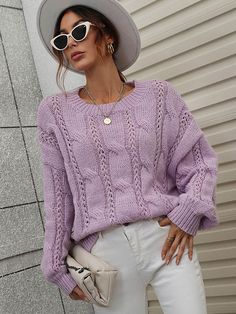 Lavender Lavender Crew Neck Sweater For Fall, Lavender Knit Sweater For Fall, Lavender Long Sleeve Sweater For Winter, Lavender Long Sleeve Winter Sweater, Trendy Purple Soft Knit Sweater, Purple Knit Crew Neck Sweater, Purple Crew Neck Knit Sweater, Cozy Purple Textured Knit Sweater, Oversized Soft Knit Purple Sweater