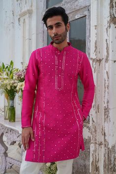 Hot pink full sleeves kurta with floral mirror jaal embroidery. Paired with an ivory pant. - Aza Fashions Stole For Men, Mirror Work Kurta, Raw Silk Embroidery, Trouser Pattern, Pink Kurta, Floral Mirror, Yellow Outfit, Kurta With Pants, Thread Embroidery