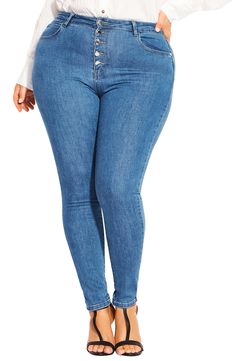 An exposed button fly adds edgy style to these chic skinnies designed to fit and flatter an hourglass silhouette. 29" inseam; 11" front rise; 40" back rise (size 14) Button fly 77% cotton, 20% polyester, 2% viscose, 1% elastane Machine wash, line dry Imported