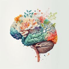 an illustration of a human brain with flowers on it's side and the top part of its body