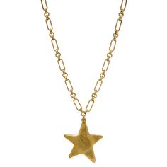 Add a touch of vintage charm to any outfit with our Luminary Star necklace. The large antique gold star is the perfect statement piece, making you the star wherever you go. Its unique chain adds extra character to this must-have accessory. Shine bright with our Luminary Star necklace. 25” inch length Antique gold plated Pewter: keep clean with a soft polishing cloth Not water proof Not sold as a set Please allow 7 business days for this item to ship Gold Star-shaped Necklace With Chain, Gold Brass Necklace With Star Charm, Unique Clothing Pieces, Cute Gold Necklace, Necklace Png, 2024 Style, Herringbone Necklace, Solid Gold Earrings, Pearl Collection