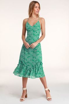 Cute Floral Dresses and Printed Party Attire | Latest Styles of Women's Floral-Print Dresses at Great Prices Green Formal Dresses, Freshly Picked, Green Floral Print, Midi Ruffle Dress, Ruched Midi Dress, Floral Print Midi Dress, Print Midi Dress, Green Midi Dress, Online Dress Shopping