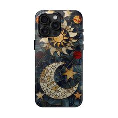 a phone case with an image of the moon and stars on it, all in different colors