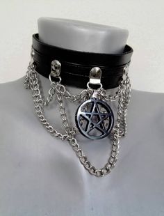 Handcrafted gothic leather choker with chains and pentagram. Pentagram is cast from epoxy resin, 30 mm in diameter. The choker comes with an adjustable buckle in the back. Contact me with your neck measurements when you purchase. Goth Punk Accessories, Adjustable Gothic Choker For Alternative Fashion, Gothic Metal Choker For Concerts, Gothic Chain Choker For Concerts, Gothic Chain Choker, Alternative Metal Choker For Cosplay, Adjustable Metal Choker For Cosplay, Adjustable Gothic Choker With Chain, Adjustable Gothic Chain Choker