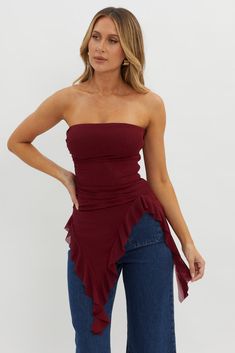 After Party Ruffle Trim Top Sangria Flirty Off-shoulder Tops For Party, Fitted Off-shoulder Tube Top For Date Night, Chic Ruched Tube Top For Party, Glamorous Fitted Off-shoulder Tube Top, Glamorous Off-shoulder Fitted Tube Top, Trendy Strapless Tube Top For Date Night, Party Tube Top With Ruffles And Stretch, Chic Bandeau Party Top, Stretch Ruffled Tube Top For Party