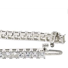 Indulge in the timeless elegance of our 14K White Gold 7 Carat Princess Cut One Line Tennis Bracelet. This exquisite piece is meticulously crafted in 14K white gold and adorned with a dazzling array of 7.70 carats of princess cut diamonds. Every diamond is carefully selected for its exceptional brilliance and fire, creating a captivating sparkle that will mesmerize onlookers.Designed to be worn effortlessly from day to night, this tennis bracelet is 7 inches long, draping gracefully around your Princess Cut Gold, Diamond Birthstone, Tennis Necklace, Diamond Design, Princess Cut Diamonds, Brilliant Diamond, Metal Bracelets, Tennis Bracelet, Eternity Bands