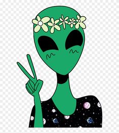 an alien with flowers on her head pointing to the side while wearing a peace sign