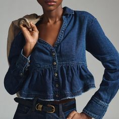 Cropped Peplum Button Down Denim Top With Long Sleeves From Pilcro Sold At Anthropologie. Dark Blue Wash. Soft Denim. V-Neck Collar. Buttons On Sleeve Cuffs. Raw Edge Hem On Peplum. New With Tags. Flat Measurements Chest: 20” Length: 19” Blue Denim Top Outfit, Denim Top Outfit, Blue Denim Top, Modest Outfit Ideas, Concert Fit, Top With Long Sleeves, Long Sleeve Denim Shirt, Denim Diy, Denim Blouse