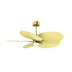 a ceiling fan that is yellow and has four leaves on it