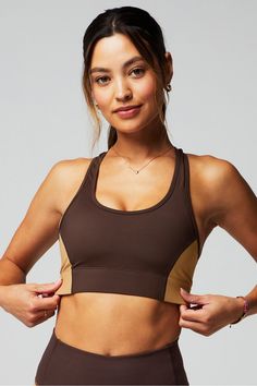 On-The-Go Medium Impact Sports Bra Fabletics Cacao/Quicksand female Activewear >> Womens >> Sports Bras >> Medium Impact regular External Pocket/Removable Bra Cups/Removable Cups/UPF Protection Brown Fitted Sporty Activewear, Fitted Brown Activewear For Training, Fitted Brown Sports Bra For Gym, Brown Fitted Sports Bra For Gym, Fitted Brown Sports Bra, Sporty Brown Activewear For Training, High Stretch Brown Activewear For Sports, Brown High Stretch Activewear For Sports, Brown High-stretch Activewear For Sports