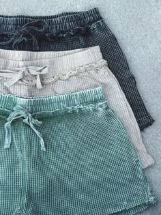 Dreamy waffle knit shorts with pockets!! Perfect for lounging or running errands! You choose color: black, taupe or basil (green). DETAILS:• 100% cotton• Mineral-washed and vintage, distressed appearance• Elastic waist and drawcord• Side pockets• 2" inseam• Model is 5'9", a size 2, and is wearing an S Waffle Knit Shorts, Beachy Fashion, Green Details, Cute Preppy Outfits, Cute Everyday Outfits, Aberdeen, Outfit Goals, Knit Shorts, Preppy Outfits