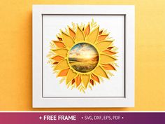 an image of a sunflower in the middle of a frame on a yellow wall