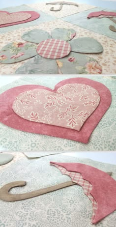 two images show how to make a heart - shaped pillow with an applique