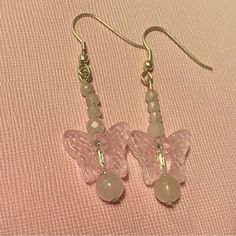 Handmade Pink Butterfly Glass Bead & Rose Quartz Earrings Butterflies Made Out Of Pretty Pink Glass, Small Faceted Rose Quartz And One Rose Quartz Bead. Silver Posts Digital Wardrobe, Diy Jewelry Earrings, One Rose, Rose Quartz Earrings, Pink Accessories, Rose Quartz Beads, Butterfly Jewelry, Bead Jewelry, Pink Butterfly