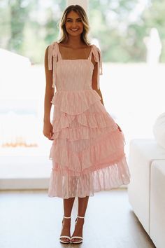 Follow Along Midi Dress - Pink Pink Feminine Tiered Dress With Ruffled Straps, Pink Tiered Midi Dress With Ruffles, Pink Ruffled Smocked Midi Dress, Pink Tiered Midi Dress With Smocked Back, Pink Feminine Ruffle Tiered Dress, White Dress Formal, Feather Tops, Summer Sundress, Beach Bridal