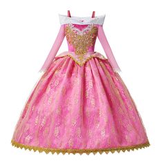 a pink and gold ball gown with white collared neckline, long sleeves and lace detailing