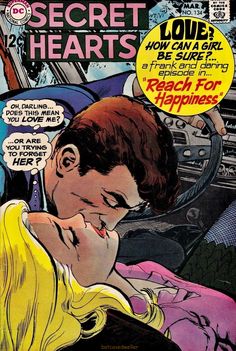 an old comic book cover with a man kissing a woman