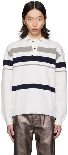 Knit stretch virgin wool-blend polo. Jacquard stripes throughout. · Rib knit spread collar and cuffs · Three-button placket · Dropped shoulders · Logo plaque at back collar Supplier color: Mascarpone/Navy/Ash Classic Striped Polo Sweater With Ribbed Collar, Classic Striped Polo Sweater With Polo Collar, Classic Collared Polo Sweater With Contrast Stripes, Classic Collared Jacquard Knit Polo Sweater, Classic Striped Sweater With Ribbed Collar, White Collared Polo Sweater With Ribbed Cuffs, White Long Sleeve Polo Sweater With Striped Collar, Classic Winter Polo Sweater With Striped Collar, White Polo Sweater With Striped Collar For Fall