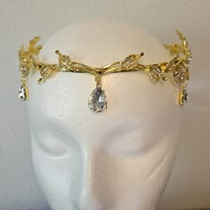 Golden With Crystals Elven Princess Crown With Combs To Help Hold On Head. Perfect For Cos-Play, Dress Up Or As Bridal Crown. Gold Antler Crown, Golden Circlet Crown, Regency Era Crown, Gold Fantasy Jewelry, Merman Crown, Princess Circlet, Earth Crown, Game Of Thrones Crown, Pretty Crowns