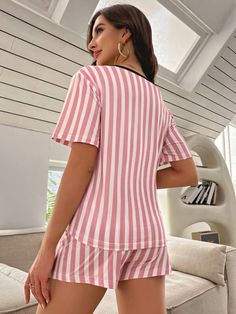 Elevate your style with our Striped And Slogan Graphic Bow Front Shorts Set. Experience comfort and fashion in this 2-piece ensemble, boasting unique striped patterns, short sleeves, and a charming bow detail. Crafted from a knitted fabric blend with a slight stretch, its regular fit and contrast binding ensure a flattering look. Effortlessly amazing, this set is machine washable for your convenience. Redefine casual elegance today! Features: Pattern Type: Striped, Slogan Type: Short Sets Detail Striped Summer Loungewear Sets, Striped Loungewear Sets For Summer, Striped Sets For Summer Loungewear, Striped Short Sleeve Sets For Spring, Striped Cotton Short Sleeve Sleepwear, Striped Sleepwear For Vacation, Casual Striped Short Sleeve Sets, Casual Striped Short Sleepwear, Striped Sets For Spring Loungewear