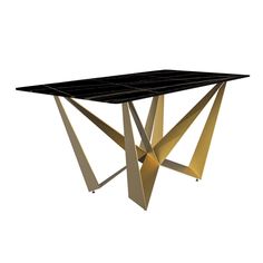 a black and gold dining table with two intersecting legs on an isolated white background,