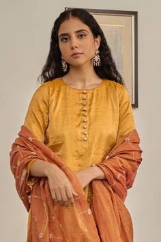 Warm yellow plain kurta. Paired with a pant. Comes along with a rust dupatta with hand embroidery and kiran lace border. - Aza Fashions Hand Embroidered Dupatta, Plain Kurta, Kurta Pant Set, Embroidered Dupatta, Warm Yellow, Kurta With Pants, Lace Border, Pants Pattern, Pant Set