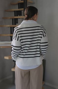 Classic Striped and Collared LS Sweater | Color: Striped - Black and Ivory | True To Size | Deep V Neckline | Easy and Comfortable Fit | Knitted Fabric | Ribbed Detail at Cuff and Hem | 78% Cotton, 22% Polyester | Hand Wash Cold, Do Not Bleach, Hang To Dry ALSO PICTURED- 'Penn' Classic Solid Collared Button Down Shirt in White- 'Alexandre' Classic High Waisted Trousers in Taupe Online Fashion Boutique, High Waisted Trousers, Colorful Sweaters, Deep V, Fashion Boutique, Knitted Fabric, Bleach, Button Down Shirt, Comfort Fit